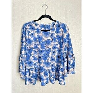 J Crew Blouse Womens Size Large Bell Sleeve Blue Floral Peplum Long Sleeve Top